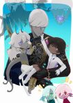  6+boys aged_down aqua_hair arjuna_(fate) arjuna_alter_(fate) black_gloves blue_eyes blush boy_vajra_(fate) brown_eyes brown_hair carrying chibi closed_mouth coat colored_mouth colored_skin commentary daeraeband dark-skinned_male dark_skin dragon_horns facial_mark fate/grand_order fate_(series) father_and_child father_and_son flower girl_vajra_(fate) gloves glowing_tongue green_eyes grey_hair grey_skin hair_over_one_eye highres horns indra_(fate) jacket lightning_bolt_facial_mark lightning_bolt_symbol long_hair looking_at_another male_focus multiple_boys nail_polish one_eye_closed open_mouth parent_and_child pink_hair purple_eyes red_eyes sharp_teeth short_hair smile tail teeth white_gloves white_hair white_jacket 