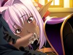  1boy 1girl :>= andou_tomoya armor black_gloves blush censored cheek_bulge cum cum_in_mouth cum_on_body dark-skinned_female dark-skinned_male dark_elf dark_skin elf facial fellatio game_asset gloves gold_trim hair_between_eyes hair_intakes hair_ribbon hand_on_another's_head hetero himekishi_olivia indoors interracial long_hair long_pointy_ears mosaic_censoring non-web_source official_art oral pauldrons penis pink_eyes pink_hair pointy_ears ponytail red_eyes ribbon self-datamine shoulder_armor solo_focus surprised teresa_keltula variant_set visual_novel_cg wide-eyed window 