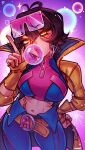  1girl absurdres artist_logo black_hair blowing_bubble_gum breasts chewing_gum coat commentary earrings english_commentary eyewear_on_head fingerless_gloves gloves hair_between_eyes hand_on_own_hip highres jewelry jubilee logo looking_at_viewer marvel marvel_rivals medium_breasts midriff navel pants pink-tinted_eyewear poposhirat short_hair solo superhero_costume tinted_eyewear x-men yellow_coat yellow_eyes yellow_gloves 