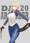  1girl absurdres ahoge antenna_hair arcueid_brunestud blonde_hair breasts commentary cosplay crossdressing crossdressing_(ftm) denim dual_wielding emiya_shirou emiya_shirou_(cosplay) english_commentary english_text fate/stay_night fate_(series) highres holding holding_sword holding_weapon jeans jonyeld kanshou_&amp;_bakuya_(fate) long_sleeves looking_at_viewer pants raglan_sleeves red_eyes shirt short_hair simple_background single_hair_intake smile solo sword tsukihime two-tone_shirt weapon 