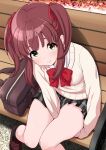  1girl bag black_skirt black_socks bow bowtie breasts brown_eyes brown_hair closed_mouth commentary_request dot_nose from_above hair_ribbon hands_under_legs highres hogey_nk-2000 idolmaster idolmaster_cinderella_girls knees_together_feet_apart loafers long_hair long_sleeves looking_at_viewer looking_up miniskirt ogata_chieri on_bench outdoors plaid_clothes plaid_skirt pleated_skirt red_bow red_bowtie red_ribbon ribbon school_bag school_uniform shirt shoes short_hair sidelocks sitting skirt sleeves_past_fingers sleeves_past_wrists small_breasts socks solo sweater twintails upturned_eyes white_shirt yellow_sweater 
