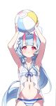  1girl absurdres arms_up ball beachball bikini blue_archive blue_hair blue_halo blush breasts camisole chise_(blue_archive) chise_(swimsuit)_(blue_archive) commentary flower gradient_horns hair_flower hair_ornament halo highres holding holding_ball holding_beachball horns long_hair looking_up multicolored_horns navel official_alternate_costume oni parted_lips ponytail red_eyes red_horns sailor_bikini sailor_collar see-through_camisole see-through_clothes shanqianqian_377 side-tie_bikini_bottom simple_background skin-covered_horns small_breasts solo straight-on striped_bikini striped_clothes swimsuit white_background white_flower white_sailor_collar 