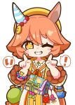  ! +_+ 1girl absurdres animal_ears beret blush commentary dress ear_covers flipped_hair four-leaf_clover_necklace grin hair_between_eyes hat highres horse_ears horse_girl horse_tail jewelry long_sleeves looking_at_viewer matikanefukukitaru_(lucky_tidings)_(umamusume) matikanefukukitaru_(umamusume) official_alternate_costume open_mouth orange_dress orange_hair short_hair single_ear_cover smile solo speech_bubble spoken_exclamation_mark tail teeth temu_(kobaeihuk) umamusume yellow_hat 