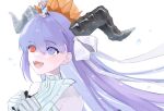  1boy 1girl :d commentary fate/grand_order fate_(series) giant giantess gloves hae_na hair_ribbon heterochromia highres horns kingprotea_(fate) kingprotea_(third_ascension)_(fate) long_hair marine_nemo_(fate) nemo_(fate) on_head open_mouth purple_eyes purple_hair red_eyes ribbon sailor_collar simple_background smile upper_body white_background white_gloves white_ribbon 