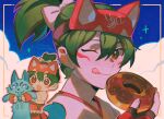  1girl animal bow cloud_background commentary donut english_commentary food fox green_hair hair_between_eyes hair_bow headband highres holding holding_animal holding_donut holding_food japanese_clothes kiriko_(overwatch) kitsune leorlontyan miko one_eye_closed open_mouth overwatch ponytail short_ponytail solo white_bow 