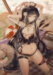  1girl absurdres arknights ball beach beach_mat beachball black_eyes black_hair black_halo black_wings breasts detached_wings halo hat highres jewelry long_hair looking_at_viewer midriff mikkan navel necklace sand small_breasts smile solo straw_hat thigh_strap thighs very_long_hair virtuosa_(arknights) wings 