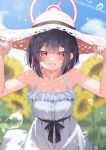  1girl absurdres animal_ears armpits bare_shoulders black_hair blue_archive blue_sky bubble cat_ears cat_girl collarbone colored_inner_animal_ears commentary_request day dress extra_ears field flower flower_field halo hand_on_headwear hat highres kazama_gorou kazusa_(blue_archive) looking_at_viewer multicolored_hair outdoors pink_hair pink_halo sky sleeveless sleeveless_dress smile spaghetti_strap straw_hat sun_hat sundress sunflower sunflower_field two-tone_hair white_dress 