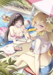  2girls absurdres ball bandaid bandaid_on_breast beach_umbrella beachball beret bikini bikini_skirt black_hair blonde_hair braid braided_bangs breasts chigusa7h chisa_(peach_parfait)_(wuthering_waves) chisa_(wuthering_waves) cleavage commentary cup denim denim_shorts drinking_glass drinking_straw drinking_straw_in_mouth eating fingernails flower food fruit_earrings hair_between_eyes hair_flower hair_ornament hairband hat highres holding holding_cup holding_food holding_popsicle long_fingernails looking_at_viewer lynae_(peppermint)_(wuthering_waves) lynae_(wuthering_waves) medium_breasts multiple_girls nail_polish namipon_(wuthering_waves) official_alternate_costume open_mouth outdoors pink_bikini pink_eyes pink_skirt plaid_bikini plaid_clothes pocky poolside popsicle purple_eyes sandals shirt shorts sitting skirt swimsuit turning_head umbrella untranslatable_commentary unworn_hat unworn_headwear white_flower white_hairband white_shirt wuthering_waves zzz 