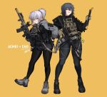  2girls aem01 alma_(aem01) ar-10 artist_name assault_rifle battle_rifle black_boots black_gloves black_hair black_pantyhose black_shorts boots brown_gloves bulletproof_vest camouflage_vest commentary dual_sights english_commentary flashlight full_body geissele_urg-i glock gloves grey_boots grey_hoodie grin gun handgun highres hood hoodie laser_sight long_hair m4_carbine magazine_(weapon) mole mole_under_eye multiple_girls open_mouth optical_sight original pantyhose ponytail red_dot_sight rifle rope shorts smile standing suppressor tactical_clothes torn_clothes torn_shorts trigger_discipline weapon white_hair yellow_background 