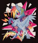  :d animal animal_focus arcojelly black_background chinese_commentary cloud commentary_request cutie_mark full_body highres lightning_bolt_symbol long_hair looking_at_viewer multicolored_hair my_little_pony my_little_pony:_friendship_is_magic no_humans no_lineart open_mouth pegasus pink_eyes pony_(animal) rainbow_dash rainbow_hair rearing red_eyes signature smile solo wings 