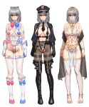  1girl anklet areola_slip armlet bare_shoulders belly_chain belt bikini black_boots black_gloves black_hat black_shrug black_slingshot_swimsuit blue_eyes blush boots bow bowtie bracelet breasts brown_pantyhose circlet cleavage commentary_request covered_navel covered_nipples cuffs cupless_leotard detached_collar detached_sleeves eden's_ritter_grenze elbow_gloves female_pubic_hair frills full_body gloves grey_hair hair_bow handcuffs harem_outfit hat heart_pasties heterochromia highleg highleg_leotard highres jewelry kageshio_(276006) knee_boots leotard long_sleeves looking_at_viewer medium_breasts mouth_veil multiple_views navel necklace necktie pantyhose pasties peaked_cap pelvic_curtain pouch pubic_hair pubic_hair_peek red_eyes revealing_clothes sash short_hair shrug_(clothing) slingshot_swimsuit swimsuit sylveil_(eden's_ritter) thigh_boots thighhighs thighlet veil white_bikini white_boots white_gloves white_leotard white_thighhighs 