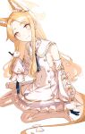  1girl absurdres animal_ears bird blonde_hair blue_archive commentary detached_sleeves dress extra_ears flat_chest fox_ears fox_girl halo highres kosh long_hair looking_at_viewer pantyhose pink_eyes seia_(blue_archive) sitting smile solo tit_(bird) 