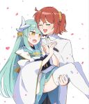  2girls carrying chaldea_master_uniform closed_eyes commentary_request dragon_horns fate/grand_order fate_(series) fujimaru_ritsuka_(female) green_hair heart highres horns kiyohime_(fate) kiyohime_(second_ascension)_(fate) kouta_(kesigomutopen) long_hair multiple_girls open_mouth orange_hair princess_carry smile tearing_up thighhighs very_long_hair white_background white_thighhighs yellow_eyes yuri 