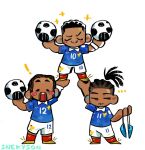  ! ... 2026_fifa_world_cup 3boys artist_name ball beard black_hair blush bradley_barcola carrying carrying_person chibi commentary_request dark-skinned_male dark_skin facial_hair french_national_soccer_team_uniform holding holding_ball kylian_mbappe michael_olise multiple_boys ponytail proud real_life simple_background snekyson soccer_ball soccer_uniform sparkle sportswear white_background world_cup 