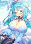  1girl ;) ahoge animal_ear_fluff animal_ears bell black-framed_eyewear black_gloves black_thighhighs blue_hair blue_jacket blue_leotard blue_nails blue_sky breasts cleavage closed_mouth cloud commentary_request commission copyright_request covered_navel day fake_animal_ears fingerless_gloves fishnet_thighhighs fishnets giant giantess glasses gloves green_eyes hair_between_eyes jacket jingle_bell kou_hiyoyo large_breasts leotard long_sleeves nail_polish off_shoulder one_eye_closed open_clothes open_jacket outdoors playboy_bunny puffy_long_sleeves puffy_sleeves rabbit_ears semi-rimless_eyewear skeb_commission sky smile solo strapless strapless_leotard thighhighs two_side_up under-rim_eyewear 