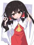  1girl ascot blush brown_eyes brown_hair commentary detached_sleeves frilled_hair_tubes frills hair_tubes hakurei_reimu holding_own_hair long_hair no_hair_bow open_mouth red_skirt ribbon-trimmed_sleeves ribbon_trim skirt skirt_set soesoe300 solo squiggle touhou yellow_ascot 