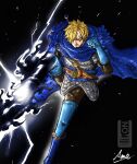  1boy armor black_fire black_lightning blonde_hair boots cape commentary_request curly_eyebrows diable_jambe facial_hair fire fur-trimmed_cape fur_trim gloves goatee hair_over_one_eye haki_(one_piece) highres male_focus mustache_stubble one_piece sanji_(one_piece) solo stubble xginrw 