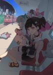  3girls absurdres angels_of_delusion aria_(robot)_(zenless_zone_zero) aria_(zenless_zone_zero) arm_warmers bandaid bandaid_hair_ornament bangboo_(zenless_zone_zero) bare_shoulders black_hair black_skirt breasts city colored_inner_hair commentary_request earrings grey_wings hair_ornament hairclip highres hollow_(zenless_zone_zero) humanoid_robot jewelry leg_warmers looking_at_viewer medium_breasts multicolored_hair multiple_girls multiple_hairclips musical_note_earrings nangong_yu nangong_yu_(rhapsody's_muse) navel necktie official_alternate_costume open_mouth outdoors pink_arm_warmers pink_hair pink_leg_warmers red_eyes red_necktie robot robot_girl sandals shirt short_twintails shorts sitting skirt striped_arm_warmers striped_leg_warmers sunna_(zenless_zone_zero) sweat thigh_strap tian_luo_bo train twintails two-tone_leg_warmers white_shirt wings zenless_zone_zero 