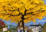  3girls absurdres animal_ears bag beanie blue_sky bow brown_hair ears_through_headwear falling_leaves fence fenomeno_(umamusume) flipped_hair ginkgo_leaf ginkgo_tree gold_ship_(umamusume) hat highres horse_ears horse_girl horseshoe_hat_ornament horseshoe_ornament house leaf long_hair long_sleeves looking_up medium_hair multiple_girls nakayama_festa_(umamusume) outdoors peaked_cap pillbox_hat pineconete purple_eyes school_bag school_uniform shade shoulder_bag sign sky stretching tracen_school_uniform tree umamusume upper_body white_bow white_hair winter_uniform 