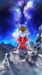  1girl absurdres brown_hair commentary_request flower from_behind gloves hair_ornament highres hood magical_girl milky_way minowa_gin mn_(tk-xyz) mountain nebula night outdoors ponytail red_flower red_gloves shooting_star short_hair short_ponytail short_sleeves sitting sky solo star_(sky) starry_sky washio_sumi_wa_yuusha_de_aru weapon yuusha_de_aru 