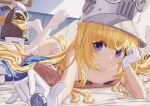  1girl absurdres ass bangboo_(zenless_zone_zero) bed blonde_hair blush breasts closed_mouth commentary_request eous_(zenless_zone_zero) feet feet_up gloves grey_hat hair_flowing_over hair_spread_out hat highres inmvcd lingerie long_hair looking_at_viewer lying norma_hollowell on_bed on_stomach panties purple_eyes shako_cap small_breasts solo the_pose thighhighs thighs underwear very_long_hair white_gloves white_panties white_thighhighs zenless_zone_zero 