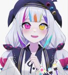  1girl aida_tashi_ma_2 beret black_hat bow collared_shirt colored_tips commentary_request contrast_collar hair_bow hat heterochromia highres jacket jacket_partially_removed jogasaki_noah long_hair looking_at_viewer mahou_shoujo_no_majo_saiban multi-tied_hair multicolored_hair neck_ribbon off_shoulder open_mouth paintbrush polka_dot polka_dot_bow portrait red_eyes ribbon shirt simple_background smile solo straight-on streaked_hair white_background white_hair white_shirt yellow_eyes 