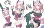  2girls absurdres animal_ears arknights arknights:_endfield back baishi_(user_ttfj7553) black_hair black_horns black_skirt blush breasts cat_ears cat_girl closed_eyes closed_mouth collarbone commentary elbow_gloves eyepatch fingerless_gloves gloves green_gloves green_theme hair_intakes hair_over_one_eye highres holding horns impasto large_breasts medium_hair mi_fu_(arknights) mole mole_on_breast multiple_girls multiple_views o-ring open_mouth painterly pink_hair pink_shirt pink_tail pointy_ears purple_eyes red_pupils shirt shoulder_blades simple_background sitting skirt solo_focus stretching tail tangtang_(arknights) thighs white_background yellow_pupils 