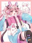  1girl :d absurdres animal animal_ear_headphones animal_ears bike_shorts blue_bow blue_jacket blush border bow bow_legwear cloud commentary_request drawstring fake_animal_ears fang feet_out_of_frame grid_background hair_ornament hairclip headphones heart highres indie_virtual_youtuber jacket kohanai_momomi long_sleeves medium_hair multicolored_jacket necoyu_(yuyudomino) open_mouth outside_border pink_border pink_eyes pink_hair pink_jacket purple_bow rabbit rabbit_ear_headphones rabbit_ears sleeves_past_wrists smile solo twintails virtual_youtuber white_background white_jacket x_hair_ornament yellow_bow 