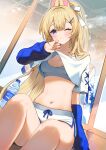  1girl animal_ears blonde_hair bottle breasts commentary crop_top detached_sleeves english_commentary highres indie_virtual_youtuber indoors lifting_own_clothes long_hair long_sleeves medium_breasts navel rabbit_ears short_sleeves shorts sitting solo sports_bra stomach very_long_hair virtual_youtuber water_bottle white_shorts white_sports_bra yenko_(vtuber) yenkoes 