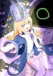  1girl bangboo_(zenless_zone_zero) blonde_hair blue_jacket blush commentary_request garter_straps gloves grey_hat grey_helmet hat helmet highres jacket keiten0220 large_hat long_hair looking_at_viewer norma_hollowell open_mouth pointing pointing_at_viewer purple_eyes shako_cap sitting smile thighhighs white_garter_straps white_gloves white_thighhighs zenless_zone_zero 