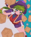  1girl capelet cube gloves green_hair gryll_(kirby) hat highres humanization jester_cap kanafumi_(spindle) kirby's_star_stacker kirby_(series) pants personification pointy_ears ponytail purple_capelet shirt shoes smile witch witch_hat 