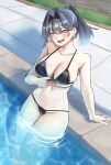  1girl :d adjusting_clothes adjusting_swimsuit alternate_costume alternate_hairstyle bikini black_bikini blue_eyes blue_hair bow bow_earrings breasts cleavage commentary earrings english_commentary hair_intakes highres hololive hololive_english jewelry large_breasts looking_at_viewer navel nurizza_ilst open_mouth ouro_kronii outdoors ponytail pool sideboob smile solo stomach string_bikini swimsuit underboob virtual_youtuber wading 