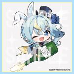  1girl 2024 :d ace_(playing_card) ace_of_clubs ace_of_diamonds animal_ears bare_shoulders black_bodystocking black_bow black_bowtie black_hat black_shoes blonde_streaks blue_border blue_bow blue_bowtie blue_eyes blue_hair blue_skirt blue_sleeves blush border bow bowtie card champagne_bottle chibi chibi_only club_(shape) commentary commentary_request copyright_logo copyright_notice cuff_links detached_sleeves diamond_(shape) dice fake_animal_ears fake_tail fangs foam footwear_bow frilled_sleeves frills gold_trim hair_bow hat hat_ribbon high_heels kaminari_clara lightning_bolt_symbol logo long_hair long_sidelocks looking_at_viewer merchandise_available mini_hat mini_top_hat multicolored_bow multicolored_bowtie multicolored_hair neck_ruff official_art one_eye_closed open_mouth phase_connect playboy_bunny playing_card quilted_clothes rabbit_ears rabbit_tail ribbon riding sample_watermark shinoda_mame shoes showgirl_skirt side_ponytail sidelocks skirt smile solo spade_brooch sparkle streaked_hair tail top_hat virtual_youtuber watermark waving white_background white_sleeves wrist_cuffs yellow_border yellow_skirt 