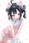 1girl absurdres ahoge animal_ear_fluff animal_ears animal_hands bare_shoulders bell black_hair blush cat_ears cat_paws cat_tail commentary crop_top cropped_shirt fake_animal_ears frills grey_eyes hair_bell hair_ornament highres medium_hair original panties pink_shirt pink_skirt riko_(rik0ring) shirt short_twintails simple_background skirt sleeveless solo tail tears thermometer thermometer_in_mouth twintails underwear white_panties 