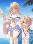  1boy 1girl ;) ^_^ abs alternate_costume bikini blonde_hair blue_eyes blue_shirt blush breasts champagne_flute cleavage closed_eyes closed_mouth commentary cup day drinking_glass english_commentary facial_mark forehead_mark genshin_impact hair_between_eyes hand_up hat highres holding holding_cup hynori long_hair medium_breasts navel nicole_(genshin_impact) one_eye_closed open_clothes open_mouth open_shirt outdoors shirt sitting_on_shoulder smile star-shaped_pupils star_(symbol) star_facial_mark stomach swimsuit symbol-shaped_pupils teeth upper_body varka_(genshin_impact) very_long_hair white_bikini white_hat 