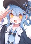  1girl :d absurdres barurun_pen black_bow black_bowtie black_capelet black_hat blue_hair blue_necktie blue_vest bow bowtie braid braided_hair_rings capelet collared_shirt commentary deerstalker hair_bow hair_rings hat hat_bow highres long_sleeves looking_at_viewer mahou_shoujo_no_majo_saiban necktie open_mouth shirt short_hair simple_background smile solo tachibana_sherry upper_body vest white_background white_shirt yellow_eyes 
