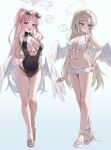  2girls absurdres aviator_sunglasses bikini black_one-piece_swimsuit blonde_hair blue_archive blue_halo blush breasts brown-tinted_eyewear choker commentary_request cosplay costume_switch covered_navel earrings feathered_wings frilled_bikini frills gradient_hair halo highres hoop_earrings jewelry large_breasts long_hair low_wings mika_(blue_archive) mika_(blue_archive)_(cosplay) mika_(swimsuit)_(blue_archive) multicolored_hair multiple_girls nagisa_(blue_archive) nagisa_(blue_archive)_(cosplay) nagisa_(swimsuit)_(blue_archive) navel one-piece_swimsuit open_mouth pink_halo ponytail sandals sunglasses swimsuit tinted_eyewear um_111 very_long_hair white_bikini white_choker white_wings wing_ornament wings yellow_eyes 