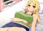  1girl bed_sheet bedroom blonde_hair blush breasts brown_eyes camisole closed_mouth collarbone computer covered_nipples cowboy_shot denim denim_skirt dutch_angle game_asset green_camisole hair_down ikeda_(kasutera) indoors laptop large_breasts large_variant_set long_hair looking_at_viewer lying morning navel non-web_source official_art on_back on_bed parted_bangs pillow rio_(summer_memories) self-datamine skirt smile solo summer_memories tan variant_set visual_novel_cg 