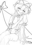  1girl bow breasts choker commentary_request dress elbow_gloves frilled_choker frills gap_(touhou) gloves greyscale hair_bow hat highres large_breasts long_hair looking_at_viewer mob_cap monochrome multiple_hair_bows open_mouth sanagi2naritai4 sitting sleeve_bow smile solo touhou very_long_hair yakumo_yukari 