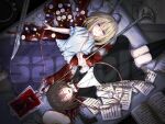  2girls absurdres arster artist_name black_capelet black_skirt black_socks blonde_hair blood blood_bag blue_shirt blush book bow bowtie brown_hair capelet clipboard closed_eyes closed_mouth collared_shirt commentary_request drugs feet_out_of_frame from_above gun handgun heart heart_of_string highres holding_hands interlocked_fingers intravenous_drip kneehighs long_sleeves looking_up lying m1911 maribel_hearn mask medium_hair multiple_girls neo-traditionalism_of_japan on_back open_book open_mouth paper pill pool_of_blood purple_eyes purple_skirt red_bow red_bowtie ribbon-trimmed_capelet ribbon-trimmed_skirt ribbon_trim rotational_symmetry sample_watermark scalpel shirt shirt_tucked_in short_sleeves skirt sleep_mask smile socks stool suicide_pact surgical_scissors touhou transfusion unworn_mask usami_renko watermark weapon weapon_request white_shirt yuri 