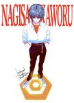  1boy belt black_pants brown_belt character_name closed_mouth dress_shirt english_text from_above full_body grey_hair hands_in_pockets highres male_focus nagisa_kaworu nekoangel913 neon_genesis_evangelion orange_shirt pants red_eyes shirt shoes short_hair simple_background solo standing t-shirt white_background white_shirt white_shoes 