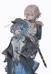  2girls bird_hat_ornament black_bow black_bowtie black_capelet black_coat black_gloves black_hat blonde_hair blue_hair blue_necktie blue_skirt bow bowtie braid braided_hair_rings capelet carrying closed_eyes coat collared_shirt cowboy_shot curtained_hair deerstalker diamond_hair_ornament epaulettes frilled_skirt frills gloves hair_bow hair_ornament hair_rings hand_on_another's_shoulder hasumi_leia hat hat_bow high_collar highres inagoinaire layered_skirt long_sleeves mahou_shoujo_no_majo_saiban multiple_girls necktie open_mouth piggyback plaid_clothes plaid_skirt scarf shirt short_hair simple_background skirt smile tachibana_sherry translation_request vest white_background white_shirt yellow_eyes 