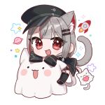  ._. 1girl :d animal_ears black_hat black_jacket black_shoes black_skirt black_thighhighs blush_stickers cat_ears cat_girl cat_tail chibi chobi_(penguin_paradise) commentary grey_hair hair_ornament hairclip hat highres jacket long_sleeves looking_at_viewer maro_(neneko_mashiro) multicolored_hair neneko_mashiro peaked_cap planet planetary_ring red_eyes red_hair rocket sheet_ghost shoes skirt sleeves_past_wrists smile solo star_(symbol) stellive streaked_hair tail thighhighs tilted_headwear virtual_youtuber white_background 