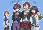 4girls :d =_= ahoge alternate_hair_length_(longer) alternate_hair_length_(shorter) antenna_hair arm_on_another's_shoulder arms_at_sides arrow_(symbol) ascot belt black-framed_eyewear black_belt black_jacket blue_background blue_jacket blue_outline blue_vest blunt_bangs brown_belt brown_gloves brown_hair closed_eyes collarbone collared_jacket commentary_request cosplay cowboy_shot crossdressing crossdressing_(ftm) crossed_arms curtained_hair epaulettes facing_ahead facing_another facing_to_the_side flipped_bangs flipped_hair frilled_sleeves frills glasses gloves green_eyes grey_pants hand_on_another's_arm hand_on_another's_shoulder hands_on_own_arms hands_up high_collar hoshimi_junna isurugi_futaba jacket lapels laughing lineup long_hair long_sleeves looking_to_the_side lower_teeth_only multicolored_jacket multiple_girls ni_kki04_s notched_lapels notice_lines official_alternate_costume official_alternate_hairstyle one_eye_closed open_clothes open_jacket open_mouth outline pants parted_bangs pink_hair pinstripe_pants pinstripe_pattern ponytail puff_of_air purple_ascot purple_eyes purple_hair purple_pants purple_shirt red_shirt shirt short_hair shoujo_kageki_revue_starlight shoulder_belt sidelocks sideways_glance simple_background smile standing sweatdrop tailcoat teeth tendo_maya three-quarter_sleeves translation_request tsuyuzaki_mahiru two-tone_jacket upper_body v-shaped_eyebrows vest white_jacket white_pants white_shirt white_trim yellow_trim 