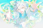  1boy :d animal_ears bead_bracelet beads blue_choker blue_eyes blue_shirt bracelet bubble choker curtained_hair drawstring dreonya ensemble_stars! foot_out_of_frame foreshortening glint grey_streaks highres jacket jewelry light_blush light_particles long_sleeves male_focus multicolored_hair outstretched_arms pants paw_print reaching reaching_towards_viewer shirt shoes smile solo spiked_hair streaked_hair taki_ibuki tiger_boy tiger_ears v-shaped_eyebrows white_hair white_jacket white_pants white_shoes 