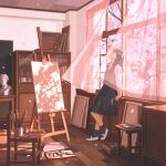  1girl absurdres against_windowsill arm_support black_hair black_skirt black_socks black_sweater_vest bust_(sculpture) cabinet canvas_(object) chair cherry_blossoms commentary_request curtains dappled_sunlight day easel falling_petals from_side full_body gemi head_back heel_up highres indoors leaning light_particles long_hair long_sleeves looking_up original paint_palette paint_tube paintbrush petals pleated_skirt profile school_uniform see-through_curtains shirt shoes skirt socks solo standing sunlight sweater_vest uwabaki white_shirt white_shoes window 