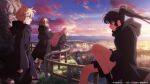  4girls black_hair black_hoodie blonde_hair brown_hair closed_eyes cloud commentary_request eyecatch highres hood hoodie kagari_mimi kimi_ga_shinu_made_koi_wo_shitai lizzy_seiran long_hair maud_ali mountain multiple_girls official_art pink_hair ponytail railing scenery short_hair sitting sky smile totsuki_shiina twilight wavy_hair 