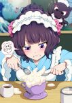  1girl absurdres apron blue_dress blue_eyes blush breasts clenched_teeth commentary_request cup dress fate/grand_order fate_(series) flower frilled_hairband frills hair_bun hair_flower hair_ornament hairband hairclip harurukan highres japanese_clothes katsushika_hokusai_(fate) large_breasts latte_art long_sleeves octopus purple_hair saucer short_hair spoon teacup teeth toto-sama_(fate) white_apron wide_sleeves 