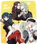  4girls ? armor black_armor black_shirt black_shorts blonde_hair blue_eyes blue_hair bodice border breasts brown_dress brown_hair cape closed_eyes closed_mouth dorothea_arnault dorothea_arnault_(timeskip) dress earrings edelgard_von_hresvelg edelgard_von_hresvelg_(timeskip) female_byleth_(awakened)_(fire_emblem) female_byleth_(fire_emblem) fire_emblem fire_emblem:_three_houses green_eyes green_hair hairband hat heart highres hug hug_from_behind imminent_kiss jewelry large_breasts long_hair long_sleeves medium_breasts medium_hair mercedes_von_martritz mercedes_von_martritz_(timeskip) missing_legwear multiple_girls official_alternate_eye_color official_alternate_hair_color open_mouth parted_lips pink_hairband purple_eyes red_dress red_shirt seirorath shirt short_hair shorts spoken_question_mark squiggle veil white_border white_hair yellow_background yuri 