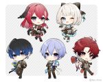  2girls 3boys :d ;d ankle_cuffs aogiri_eito apron arm_at_side black_apron black_boots black_bow black_gloves black_hair black_jacket black_pants black_pantyhose black_shirt black_shoes black_suit black_wings blue_bow blue_bowtie blue_eyes blue_flower blue_hair blue_necktie blue_rose blue_skirt boots border bouquet bow bowtie braid cake center-flap_bangs chibi chibi_only chocolate_cake closed_mouth collared_shirt commentary_request contrast_collar copyright_notice curtained_hair diagonal-striped_background dot_mouth ear_piercing earrings flower food frilled_apron frills full_body gloves gradient_hair grey_background grey_eyes hair_between_eyes hair_bow hair_ornament head_wings heart heart-shaped_cake heart-shaped_food hiiragi_tsurugi holding holding_bouquet holding_flower holding_menu itoi_toi_(neo-porte) jacket jewelry konkon_aria lace-up_boots lapels layered_skirt long_hair long_sleeves looking_at_viewer menu mole mole_under_eye multicolored_hair multiple_boys multiple_girls necktie neo-porte notched_lapels official_art one_eye_closed open_clothes open_jacket outside_border outstretched_arms pants pantyhose piercing puffy_short_sleeves puffy_sleeves purple_eyes purple_hair red_bow red_bowtie red_eyes red_flower red_hair red_necktie red_rose red_skirt rose shirayuki_reid shirt shoes short_hair short_sleeves side_braid sidelocks skirt sleeve_cuffs smile snowflake_hair_ornament spread_arms standing striped_apron striped_background striped_clothes striped_vest suit suit_jacket suit_pants tokunaki_nozomu vertical-striped_clothes vertical-striped_vest vest virtual_youtuber waist_bow white_apron white_border white_flower white_rose white_shirt white_vest wings 